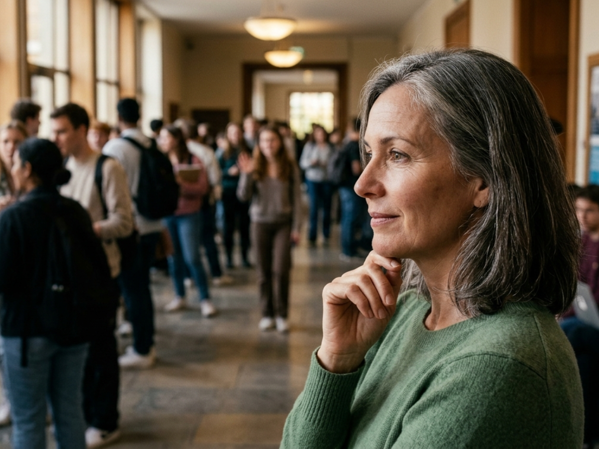 a mother standing in a busy hall while dozens of conversations