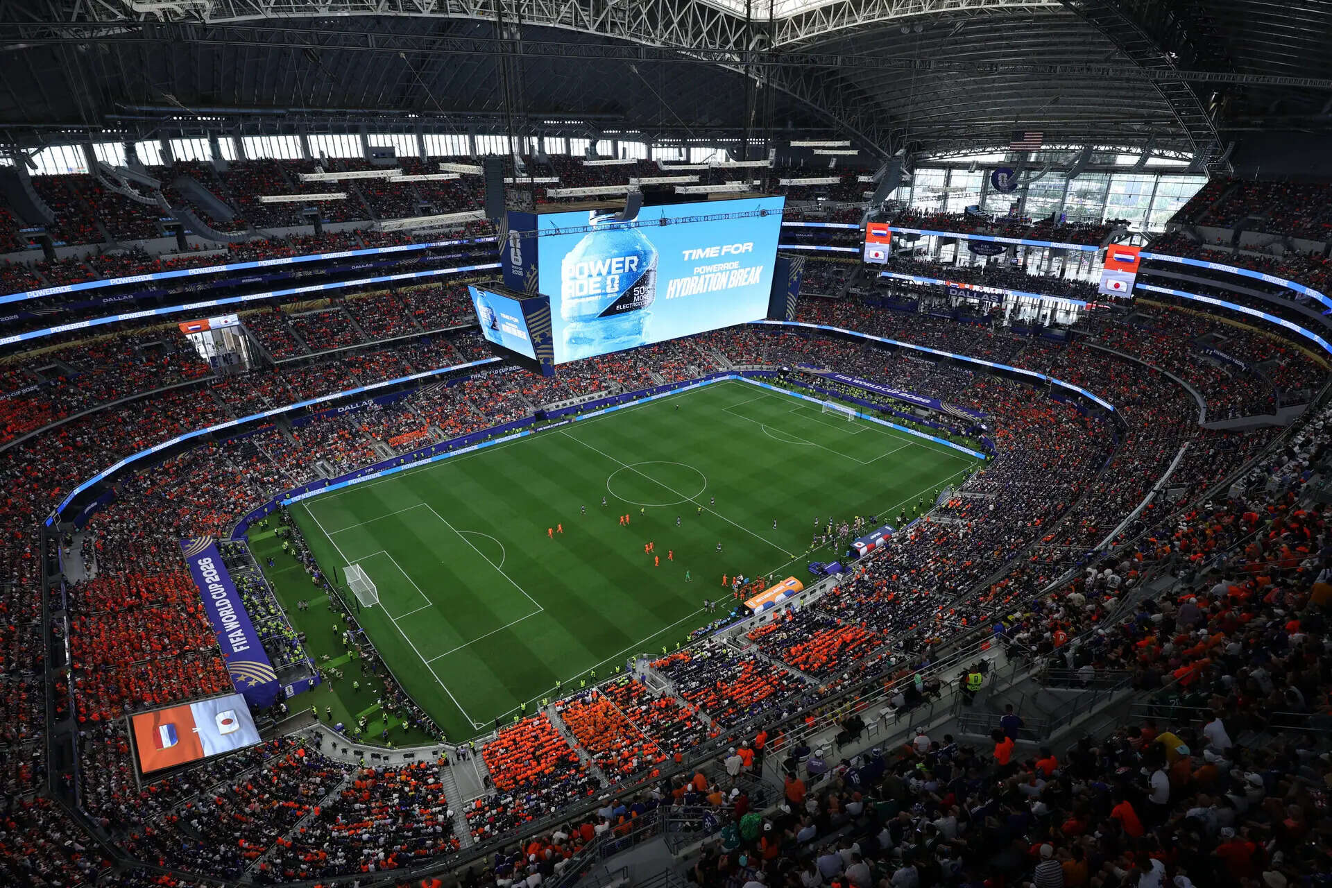 Signage for a hydration break is displayed during the World Cup Group F match between the Netherlands and Japan in Arlington, Texas. (AP) FIFA hydration breaks have sparked criticism from different groups. But what do they actually do?