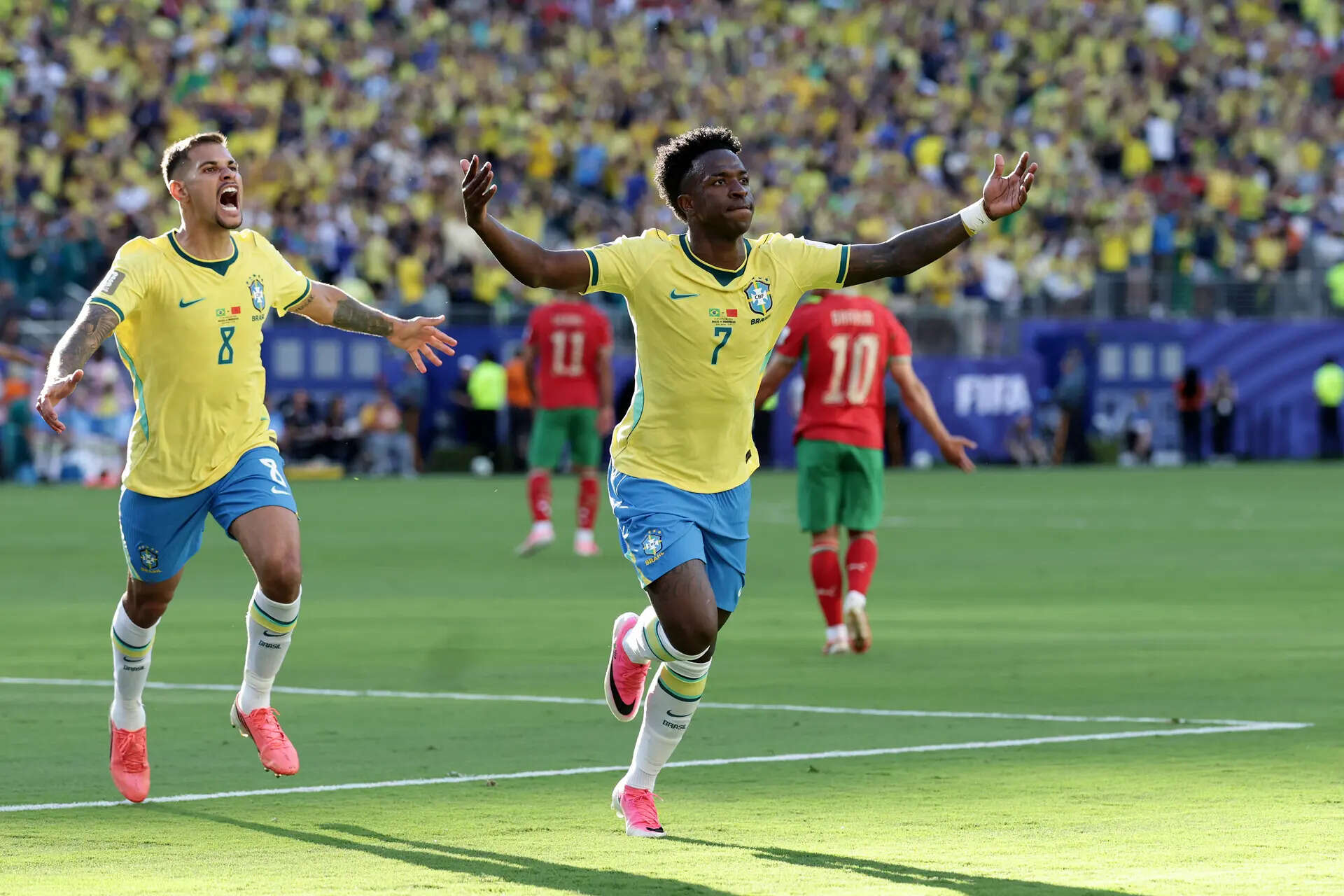 Brazil's Vinicius Junior (7) celebrates a goal against Morocco. (AP Photo) Vinicius Junior