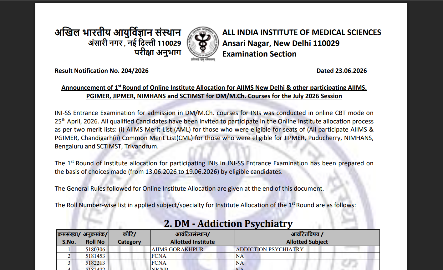 AIIMS INI SS result 2026 released at aiimsexams.ac.in: Direct link to download scorecards here