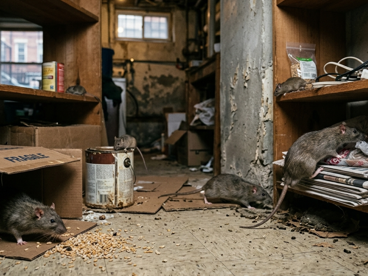Gemini The image depicts a realistic, dimly lit, and cluttered basement