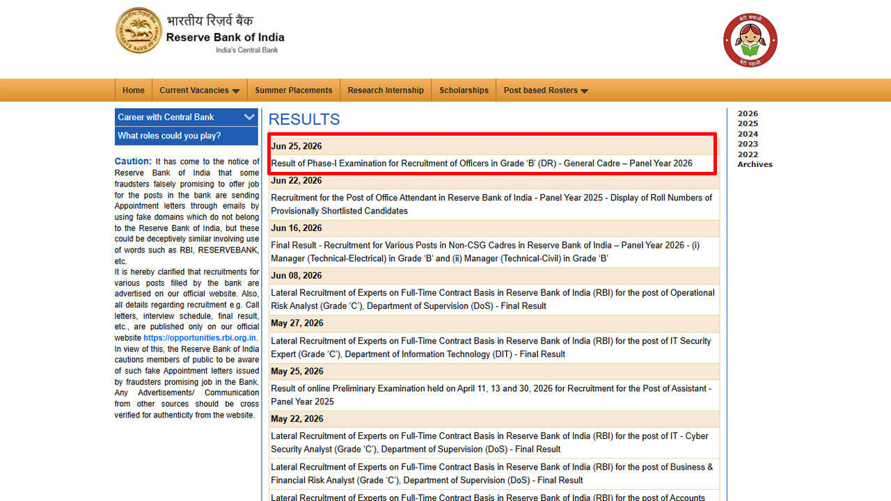 RBI Grade B Prelims Result 2026 released at rbi.org.in, Phase 2 merit list PDF out for shortlisted candidates; download here