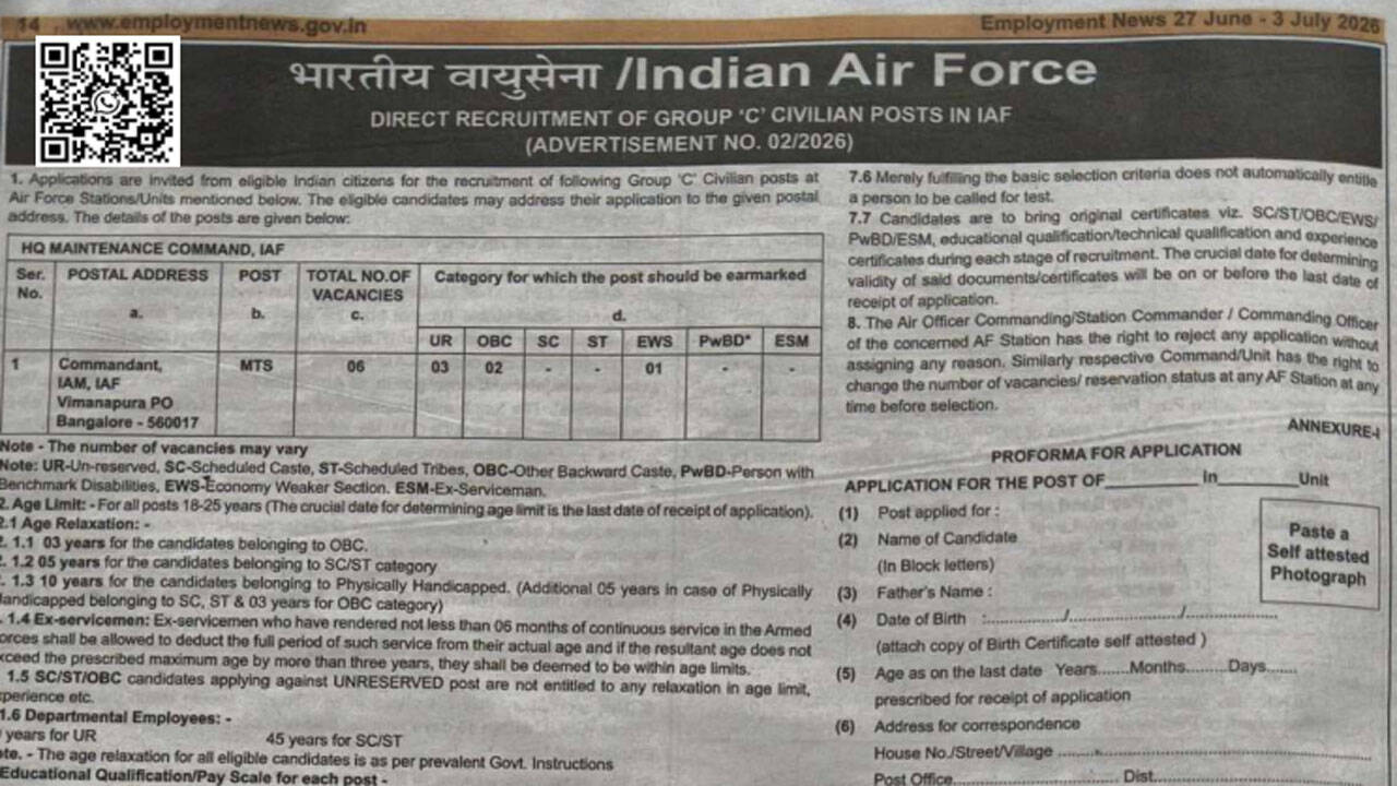 Indian Air Force invites applications for MTS Group C posts, offline process closes July 27; download form here
