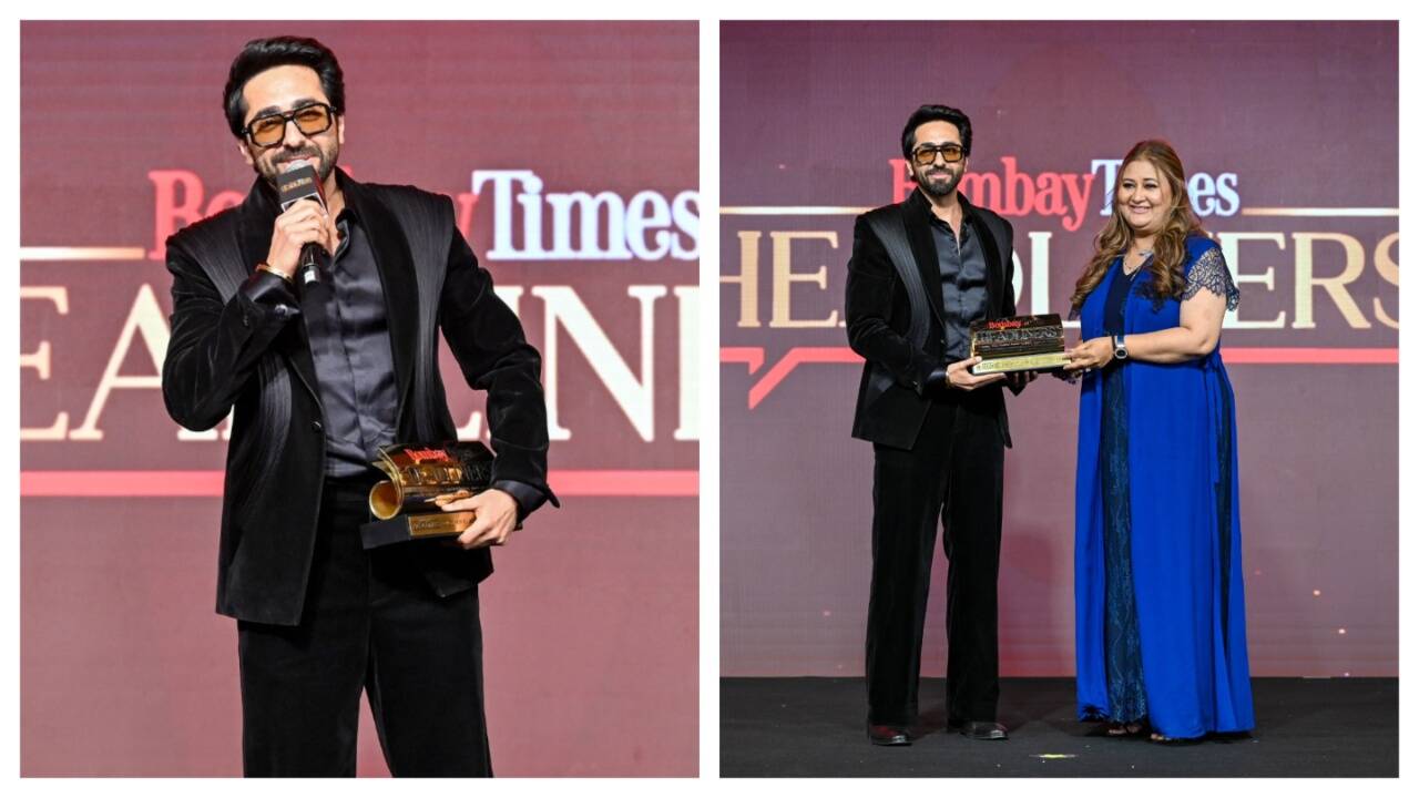 Seema Singh, philanthropist, visionary designer, and founder of MeghaShrey, presents the Bombay Times Headliner award to Ayushmann Khurrana