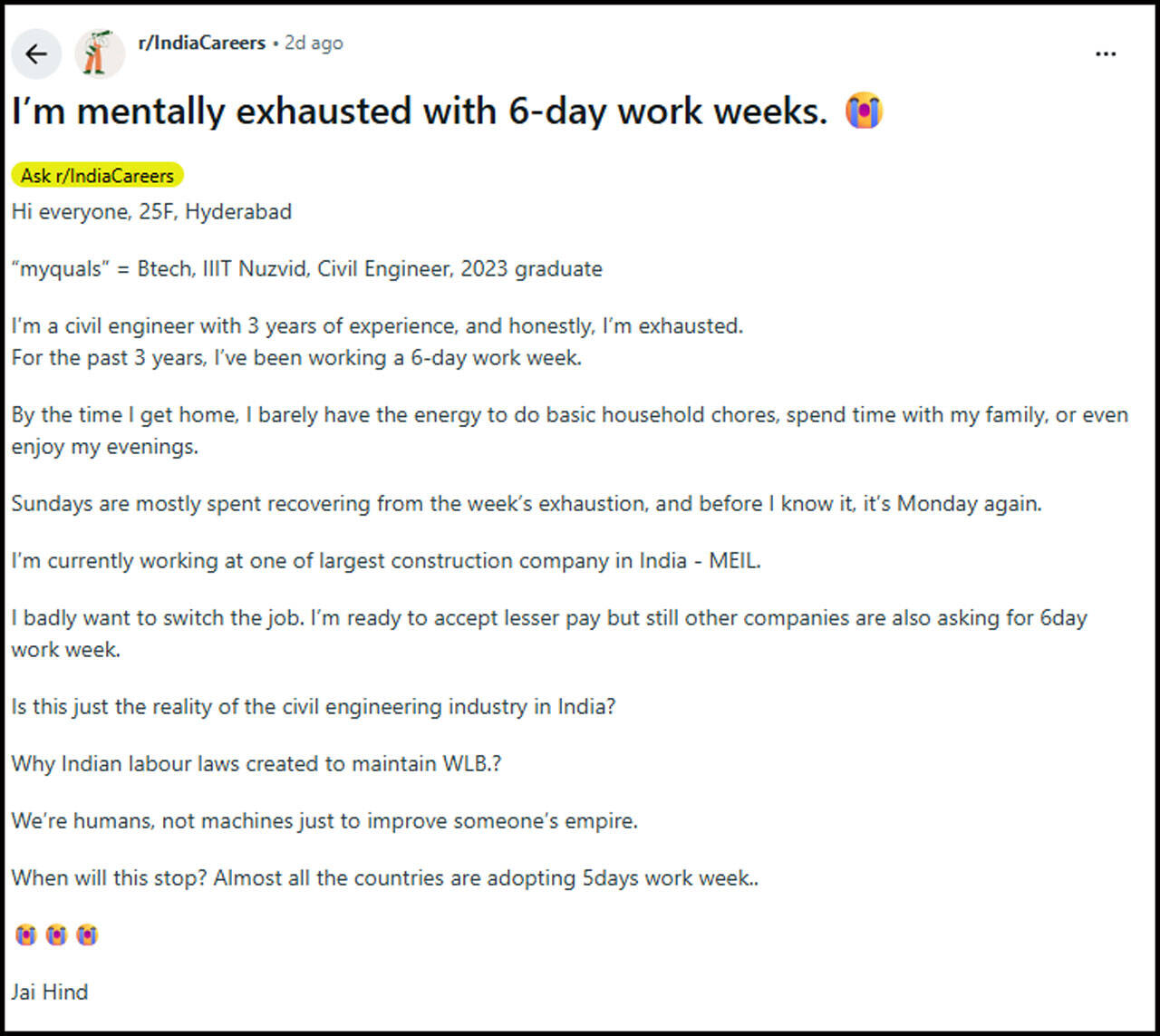 IIIT graduate's Reddit post highlights work-life balance challenges for India's young professionals