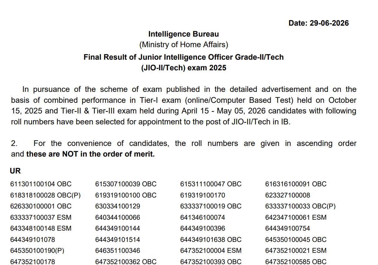 IB JIO Tech final result 2026 released: Direct link to download list of selected candidates here