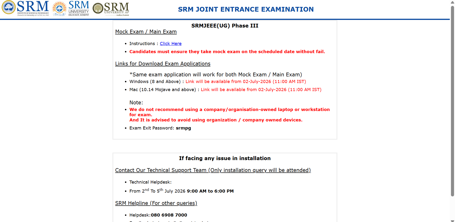 SRMJEEE 2026 Phase 3 admit card and slot booking from July 2; exam on July 4 and 5