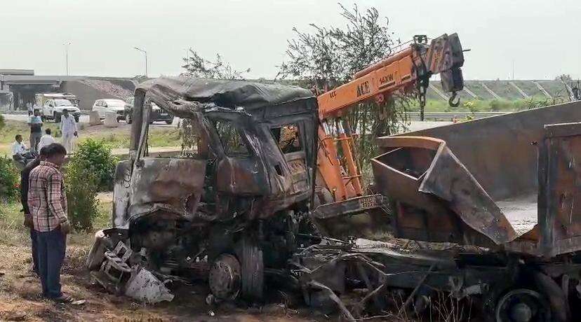 A view of charred remains after a bus traveling from Haridwar to Indore lost control and caught fire after colliding with a trailer in the Kolwa police station jurisdiction on the Delhi-Mumbai Expressway, in Dausa on Wednesday. (ANI Video Grab) 20260701162L.jpg