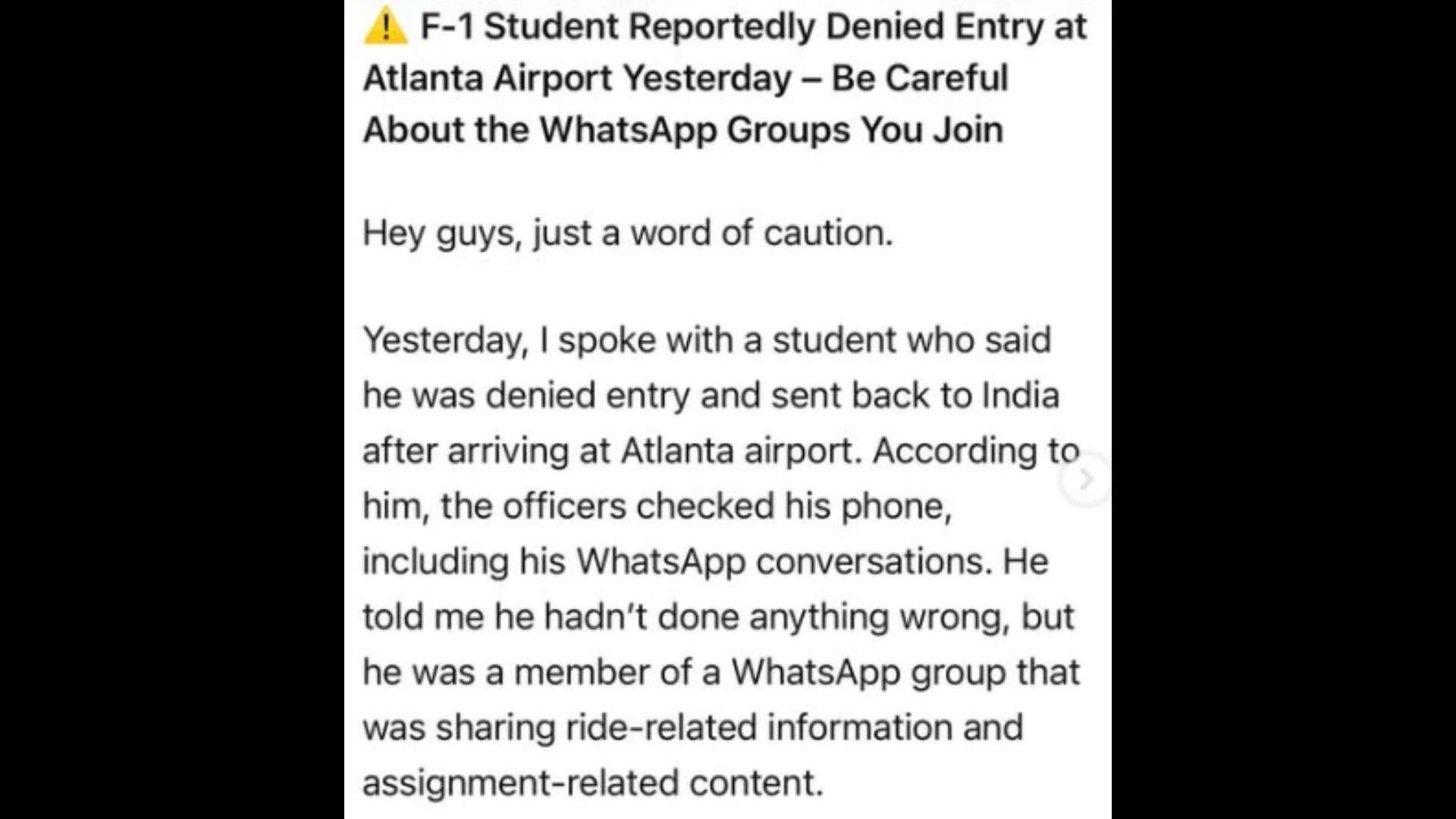 A social media post claimed an Indian student was denied entry to the US after an officer checked his WhatsApp at Atlanta Airport.