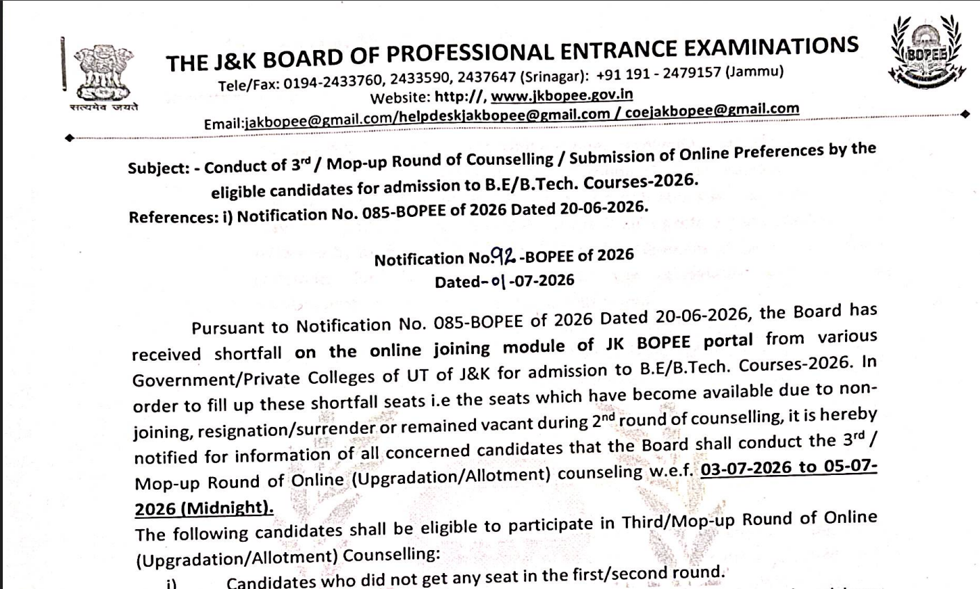 JKCET 2026 round 3 counselling begins at jkbopee.gov.in: Check complete details here