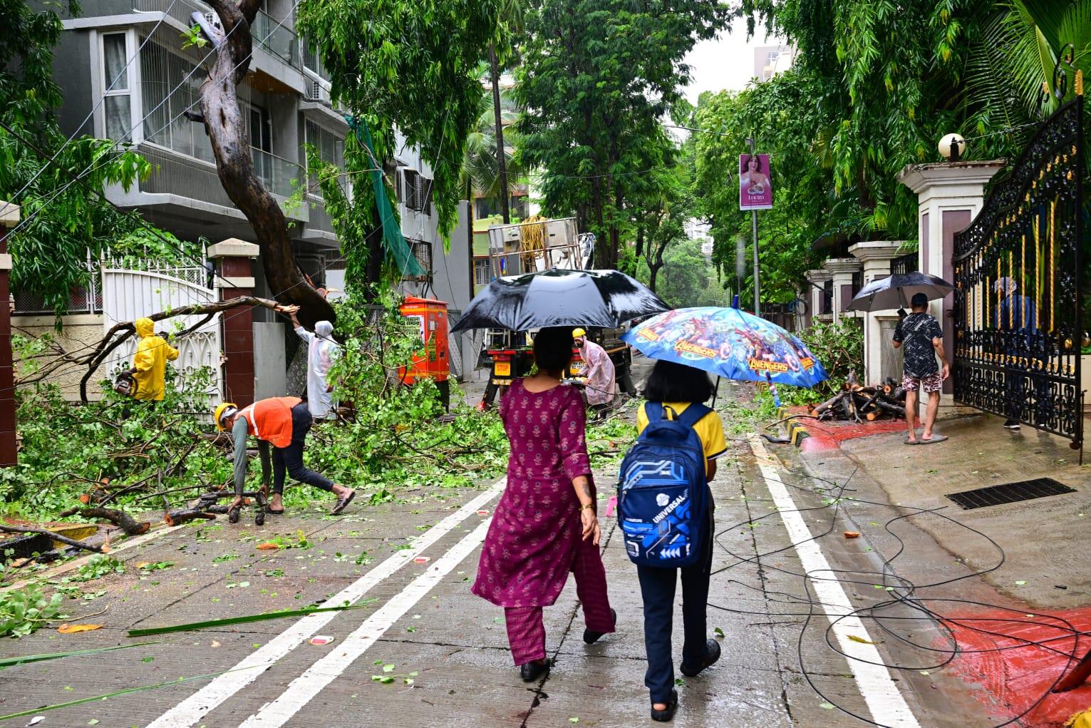 A schoolgirl walks with her parent past workers trimming trees at the site of the recent school bus accident (Image by Sanjay Hadkar/TNN) -