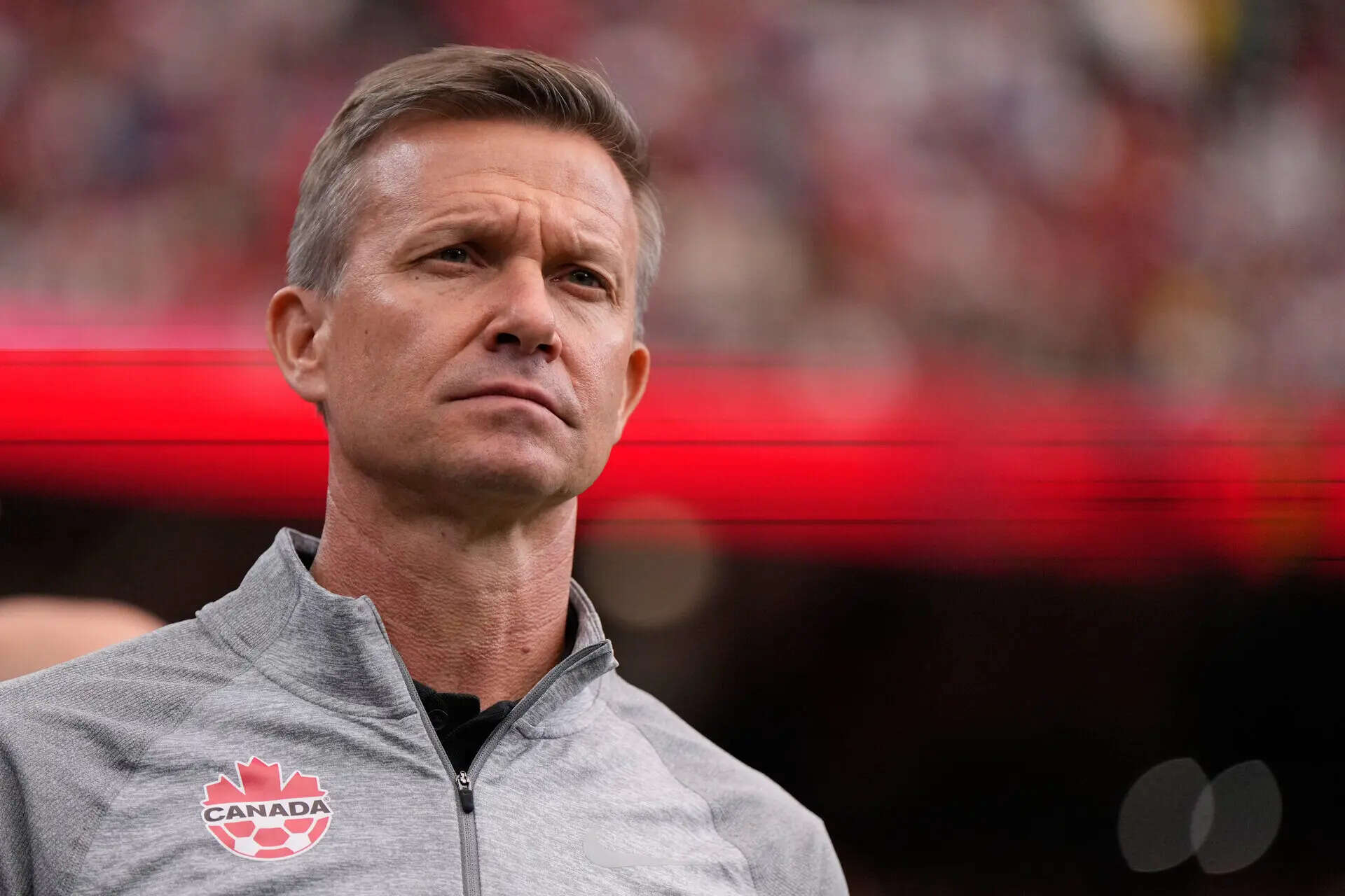 Canada head coach Jesse Marsch ahead of the World Cup round of 16 soccer match between Canada and Morocco in Houston, Saturday, July 4, 2026. (AP Photo/Ashley Landis) Canada Morocco WCup Soccer