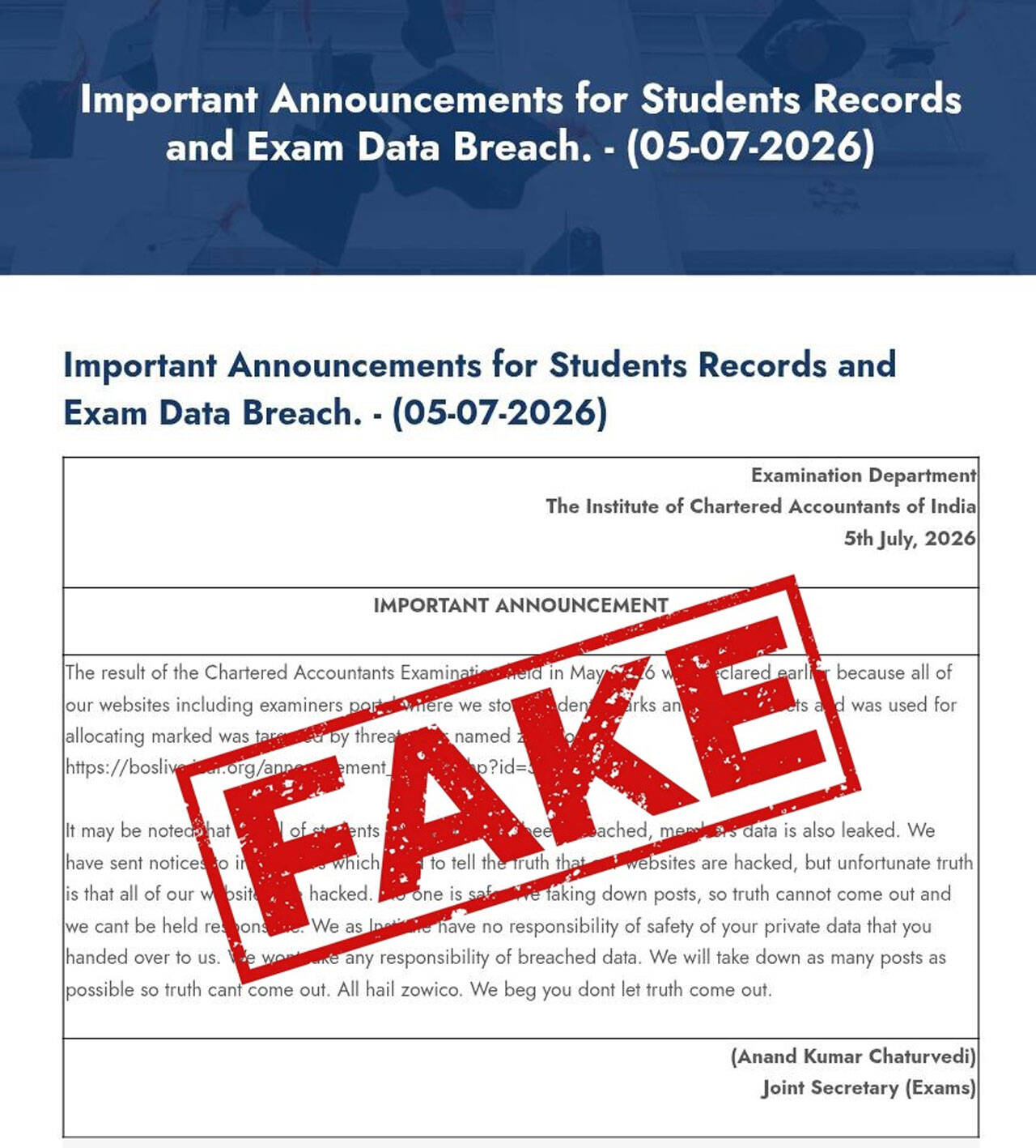 ICAI dismisses social media claims of data breach, says students' records are secure ICAI dismisses social media claims of data breach, says students' records are secure