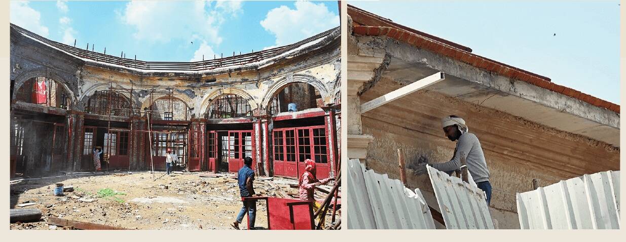 Civil work is under way, with iron slabs and gates being installed to strengthen the structure inside the complex