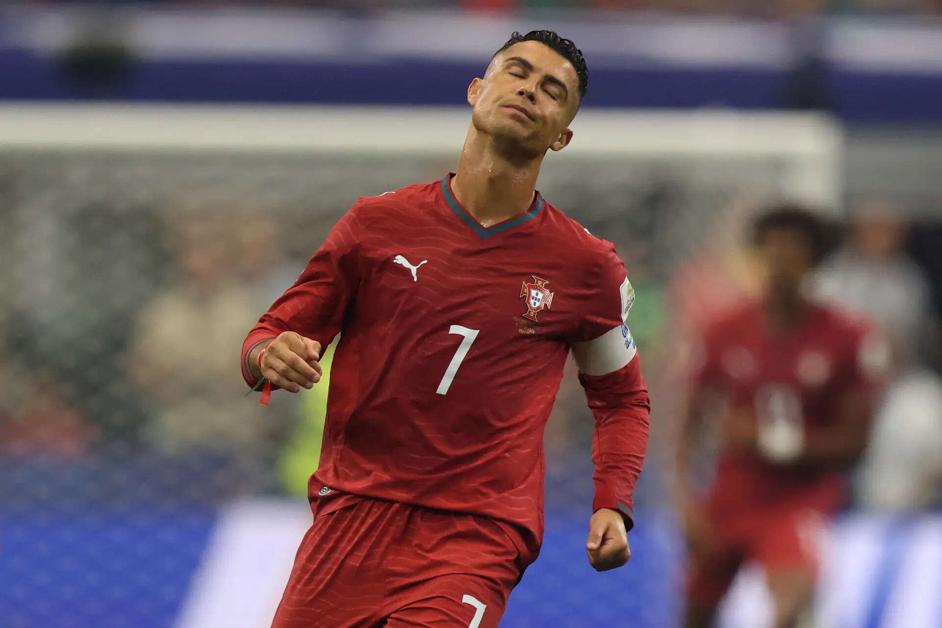 Portugal's Cristiano Ronaldo (7) reacts during the World Cup round of 16 soccer match between Portugal and Spain in Arlington, Texas, near Dallas, Monday, July 6, 2026. (AP Photo/Gareth Patterson) Spain Portugal WCup Soccer