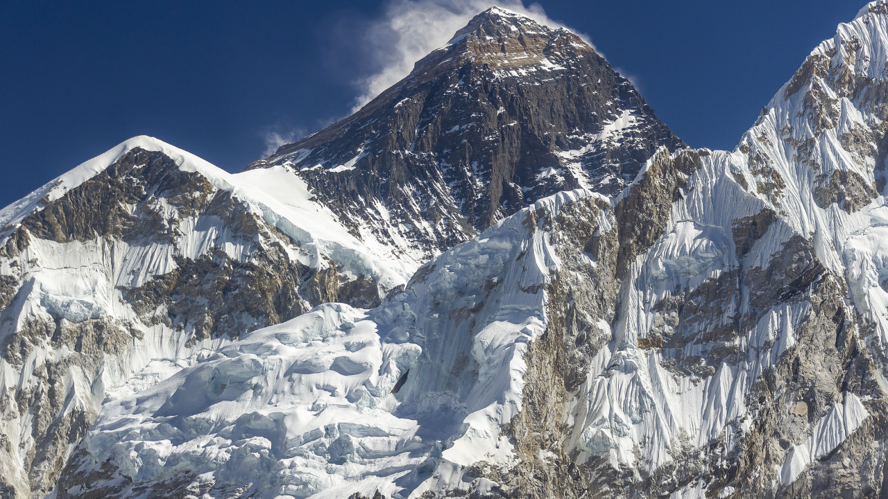 Mount Everest with snow melted, showing upper geologic layers in bands | Wikimedia Commons 1.68">Mount Everest with snow melted, showing upper geologic layers in bands | Wikimedia Commons</p><br>
