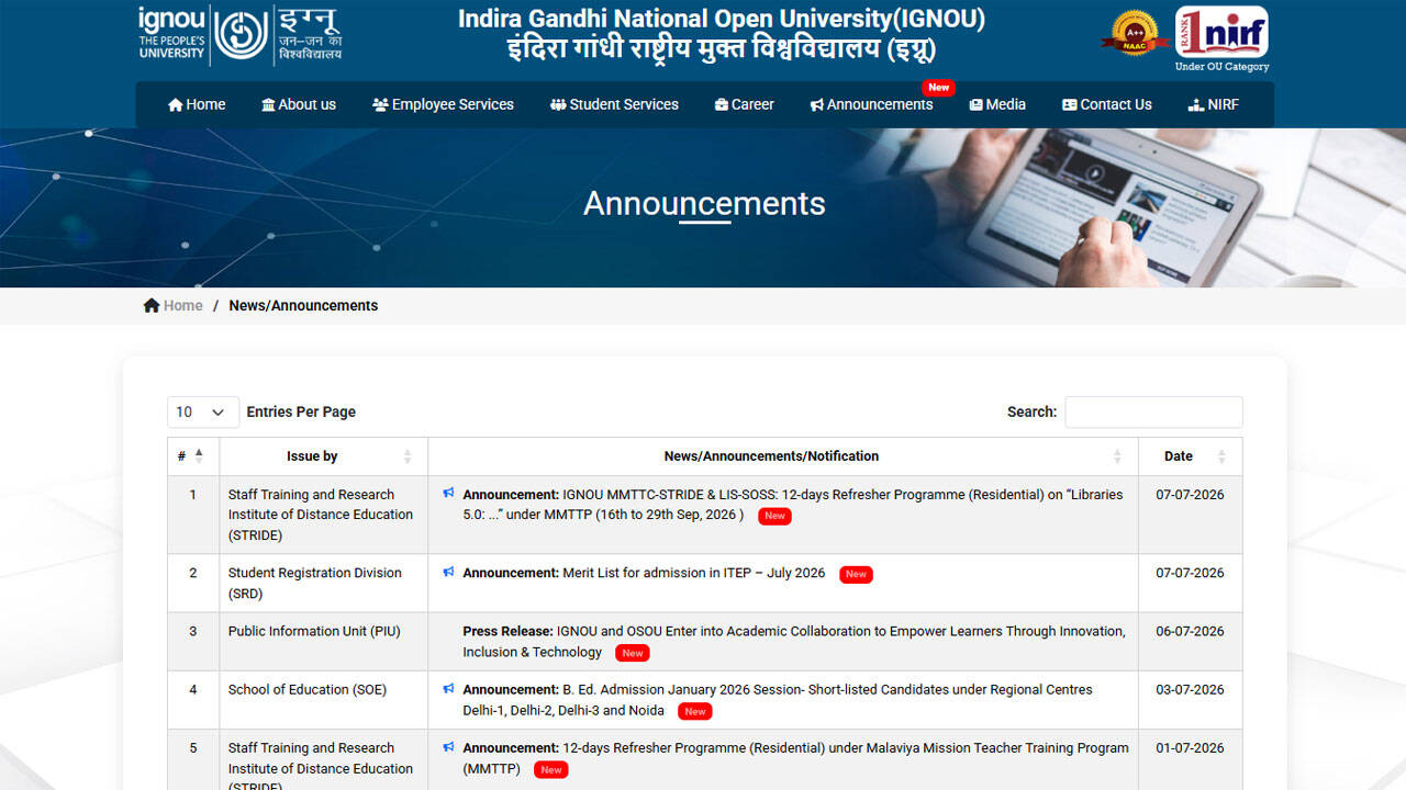 IGNOU publishes ITEP Merit List 2026 at ignou.ac.in for July admissions; download PDF here