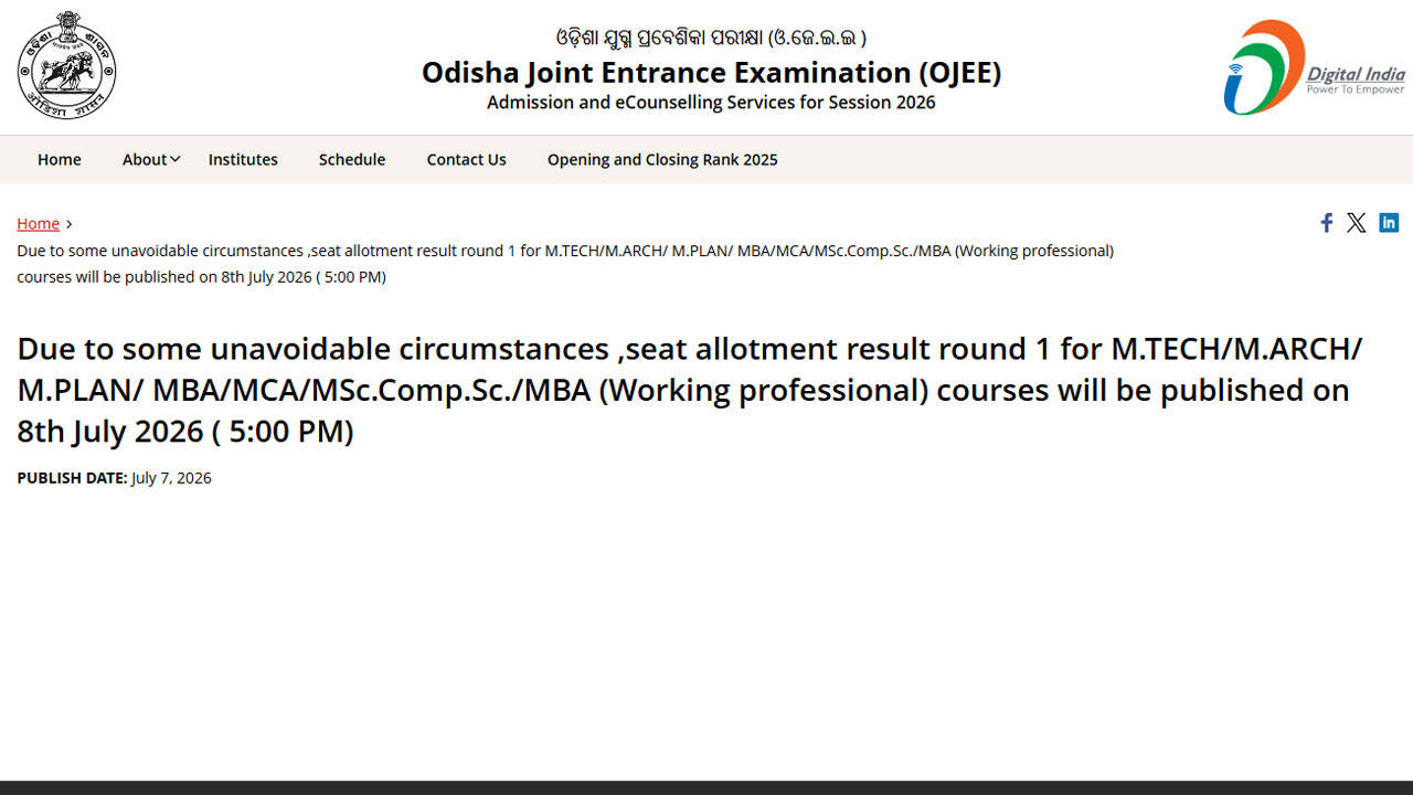 OJEE Counselling 2026 round 1 PG seat allotment result to be released today at 5 pm