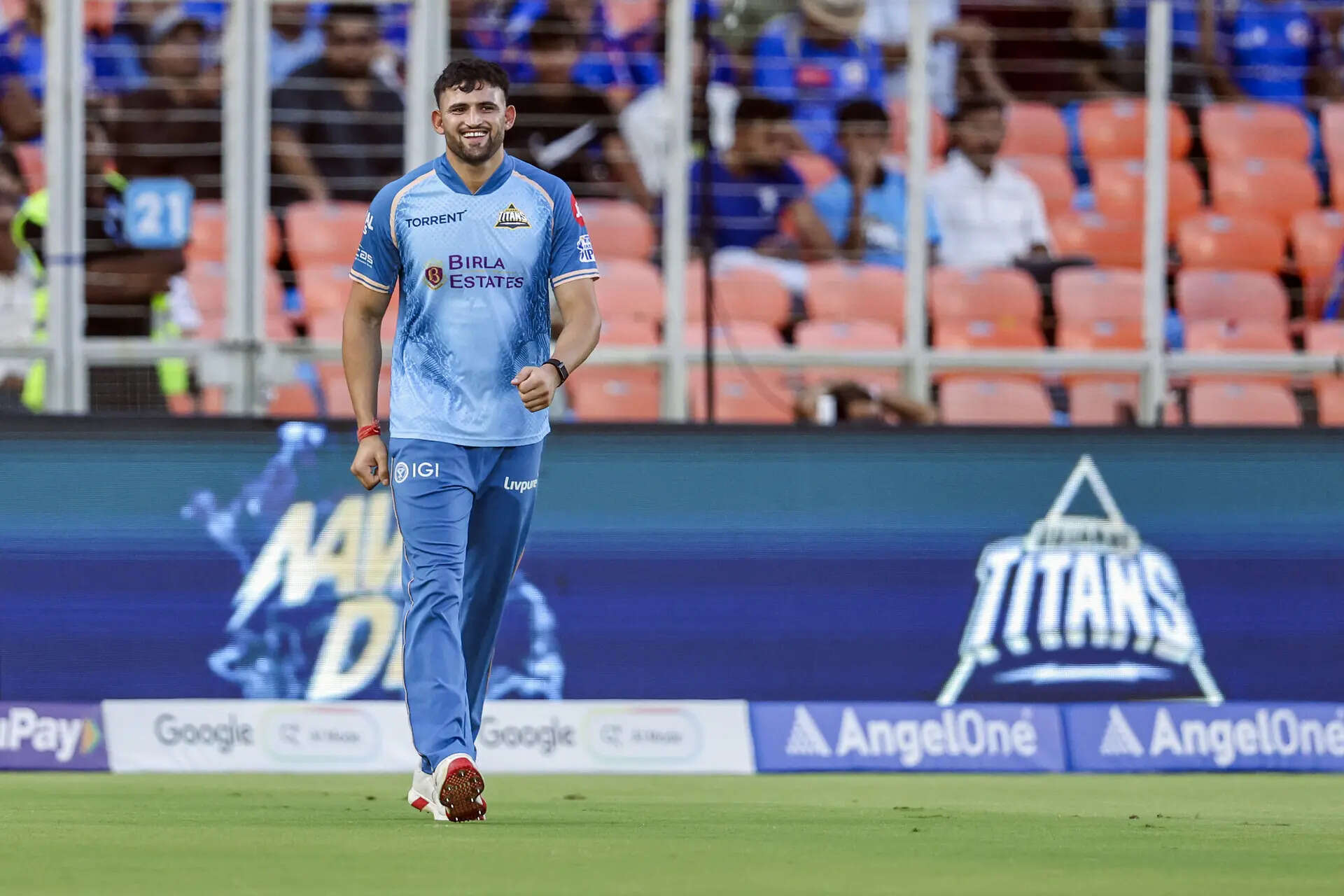 Ahmedabad, April 20 (ANI): Ashok Sharma of Gujarat Titans during the warm-up match...