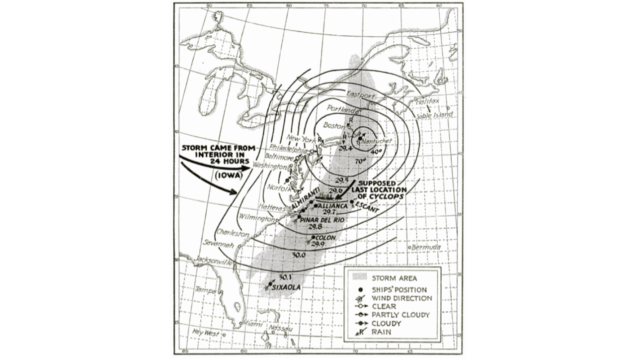 A map prepared by the U.S. Weather Bureau and published in the June 1929 issue of Popular Science Monthly, showing weather conditions at the time the Cyclops was lost | Wikimedia Commons //en.wikipedia.org/wiki/United_States_Weather_Bureau" id="mwow">U.S. Weather Bureau</a> and published in the June 1929 issue of <em><a rel="mw:WikiLink" href="https://en.wikipedia.org/wiki/Popular_Science_Monthly" id="mwpQ">Popular Science Monthly</a></em>, showing weather conditions at the time the <em>Cyclops</em> was lost