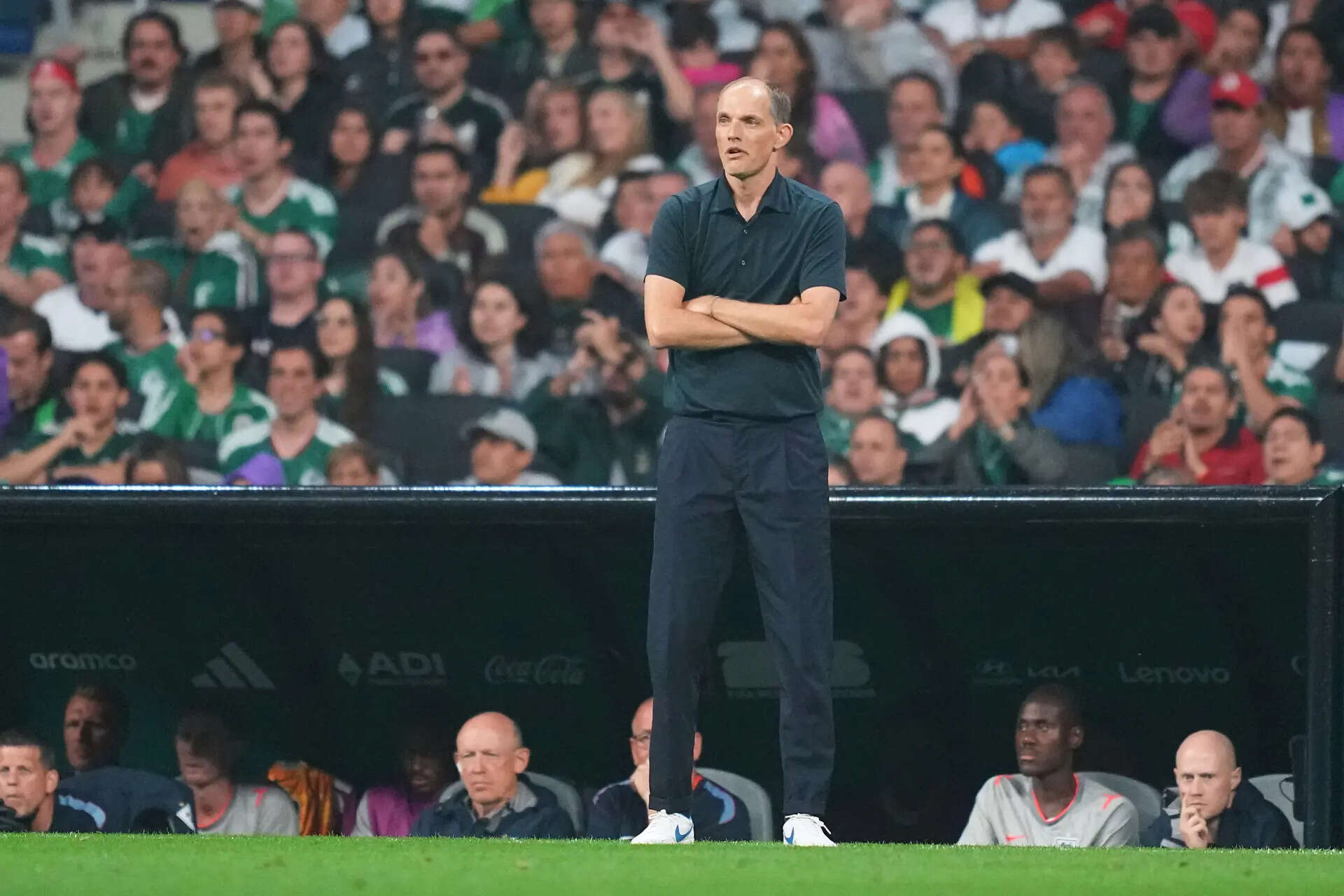 England head coach Thomas Tuchel looks on during the World Cup round of 16 soccer match between Mexico and England in Mexico City, Sunday, July 5, 2026. (AP Photo/Moises Castillo) Mexico England WCup Soccer