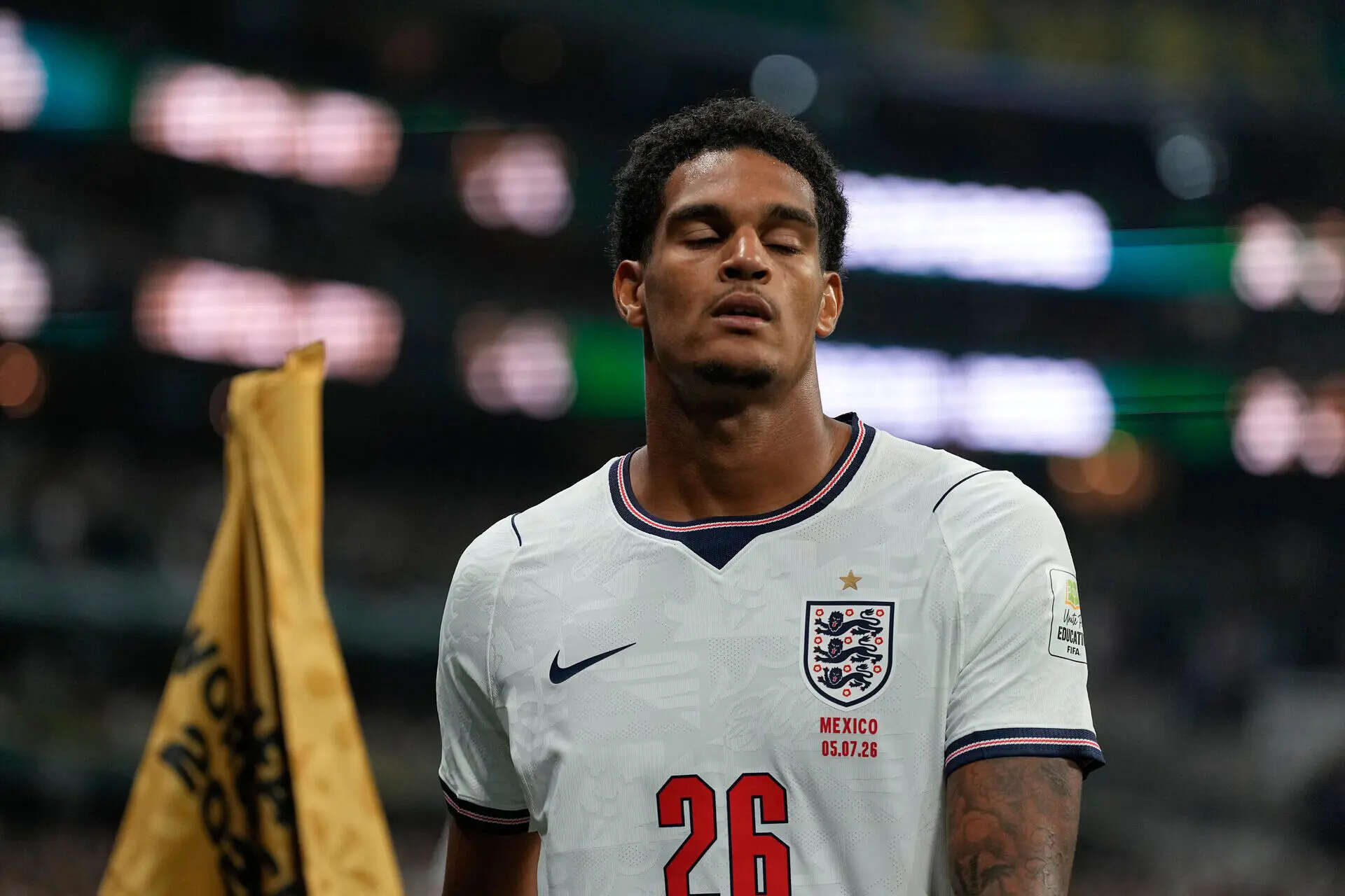 England's Jarell Quansah (26) leaves the field after receiving a red card during the World Cup round of 16 soccer match between Mexico and England in Mexico City, Sunday, July 5, 2026. (AP Photo/Ricardo Mazalan) England player Jarell Quansah suspended for two games at the World Cup