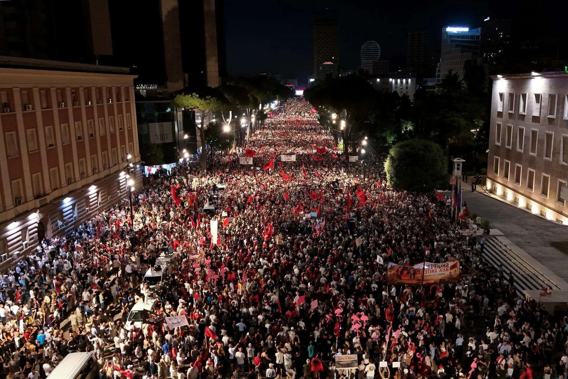 Protesters take part in a rally against plans for a luxury construction project linked to US President Donald Trump's son-in-law, Jared Kushner, in Tirana, Albania, Saturday, July 4, 2026.(AP Photo) Albanians take to the streets in protest for the 35th night in a row (1).
