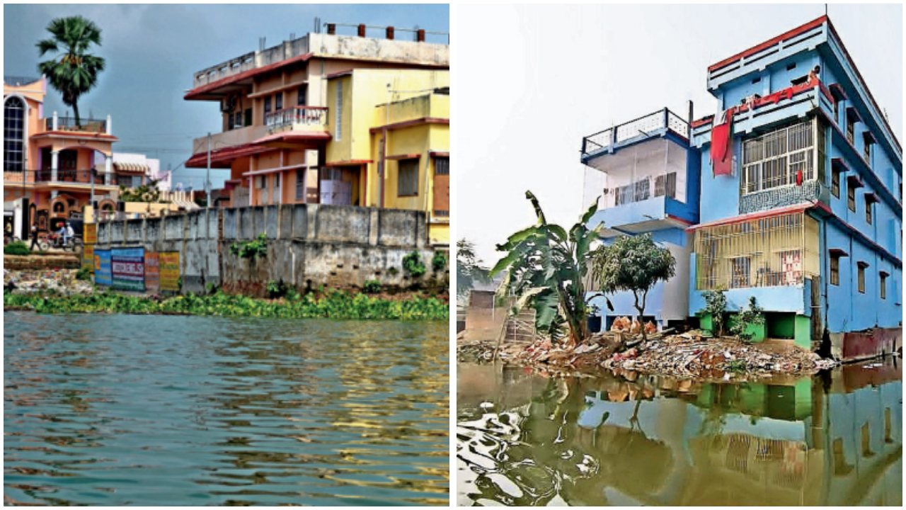 दिग्घी तालाब और गंगा सागर (दाएं) को अतिक्रमण और उपेक्षा का सामना करना पड़ा है। दोनों लगभग 1,000 वर्ष पुराने हैं, जैसा कि हराही तालाब है