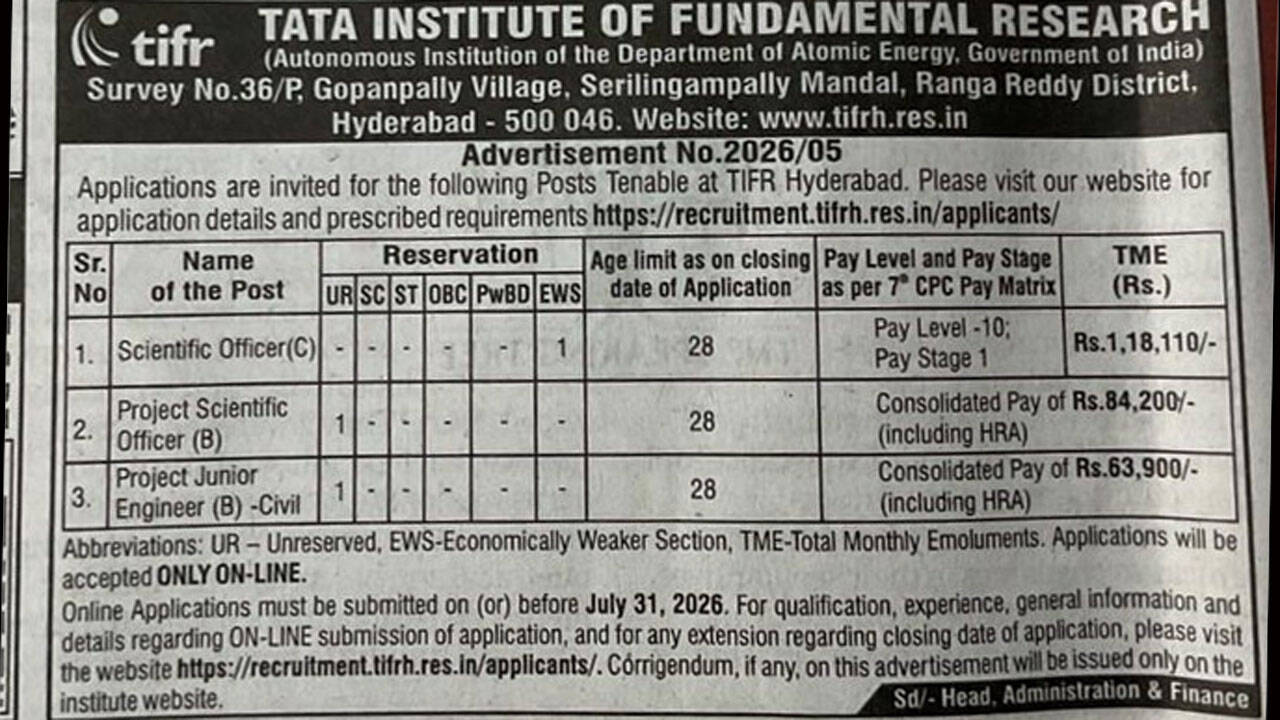 TIFR Hyderabad recruitment 2026: Apply for Scientific Officer and engineering posts by July 31; check details here