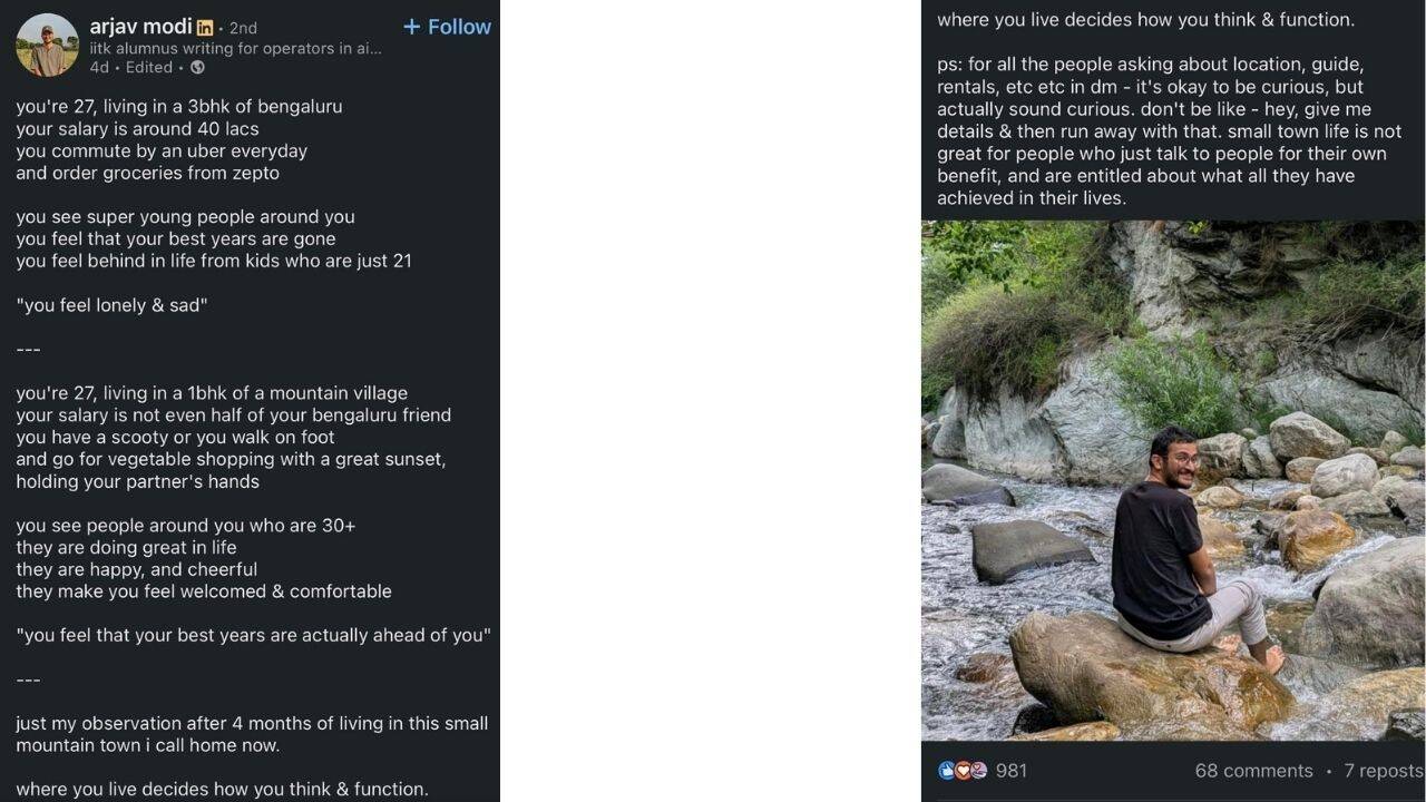 ₹40 lakh salary in Bengaluru vs a simpler mountain life: IIT Kanpur alumnus's viral post sparks debate