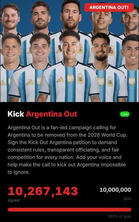 'Kick Argentina Out' petition