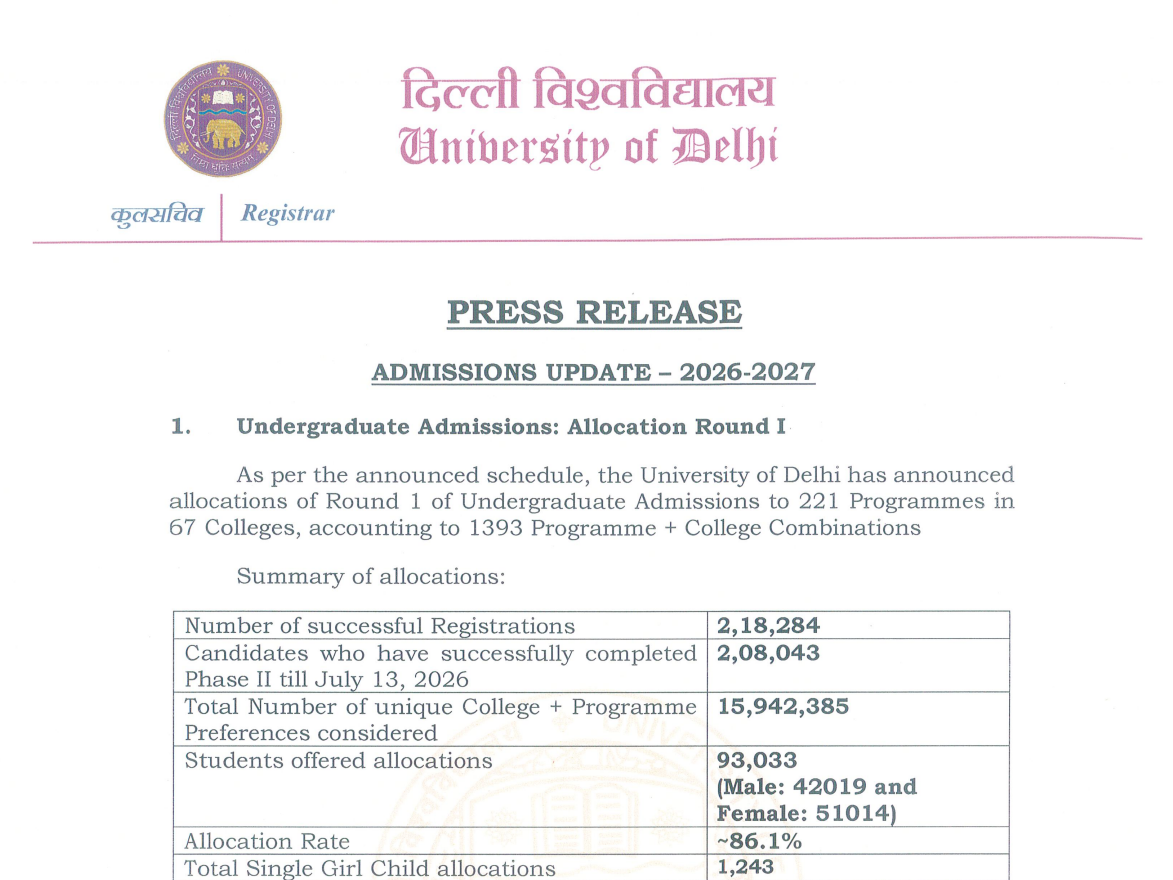 DU UG CSAS round 1 allocation list 2026 out at admission.uod.ac.in; confirm seats by July 18