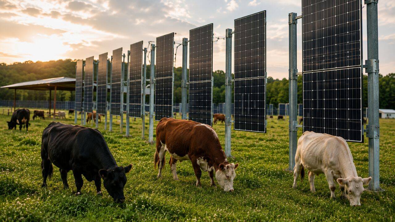In New Jersey, cows named Blossom, Misty and Flurry graze beneath solar panels as scientists test whether one field can produce both food and clean energy