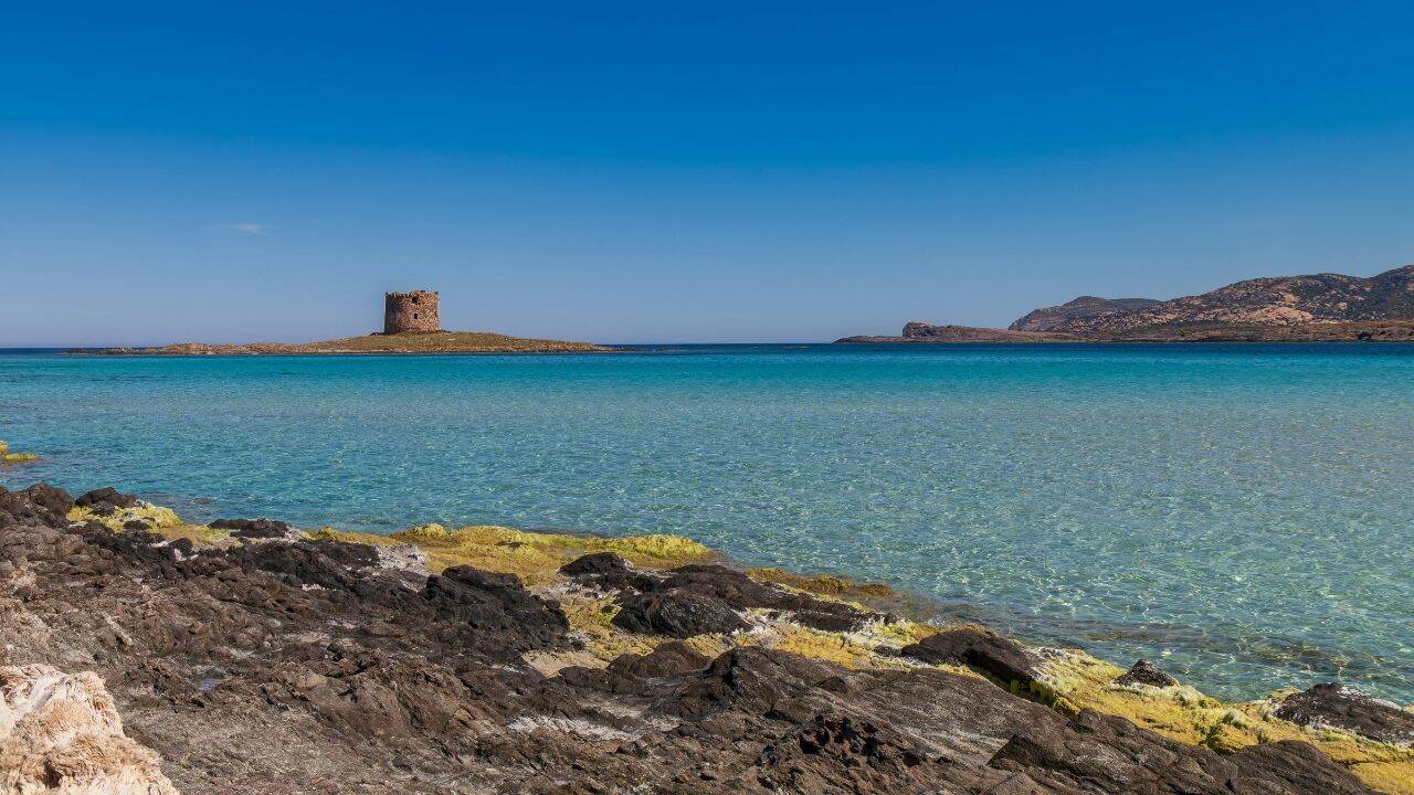 Scenic View of La Pelosa Beach Tower in Sardinia