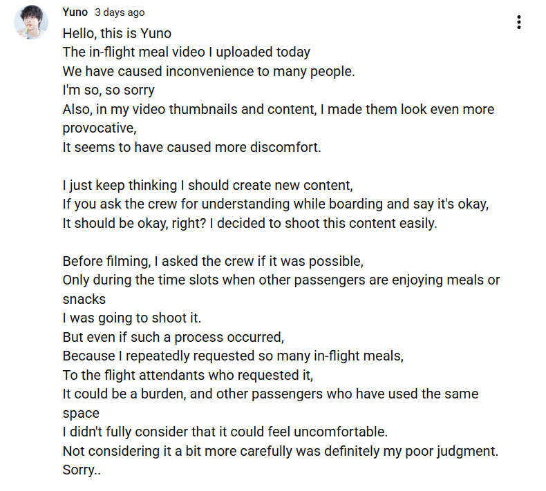 Mukbang YouTuber Yuno apologizes after plane food ordering video sparks backlash