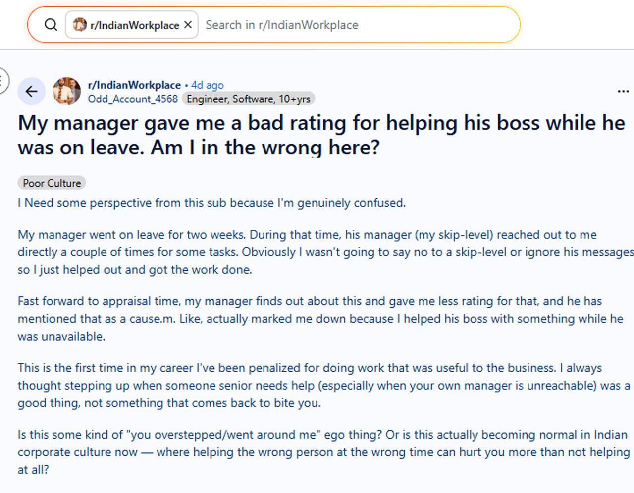 Reddit workplace story: Employee claims lower appraisal after assisting boss during manager’s absence