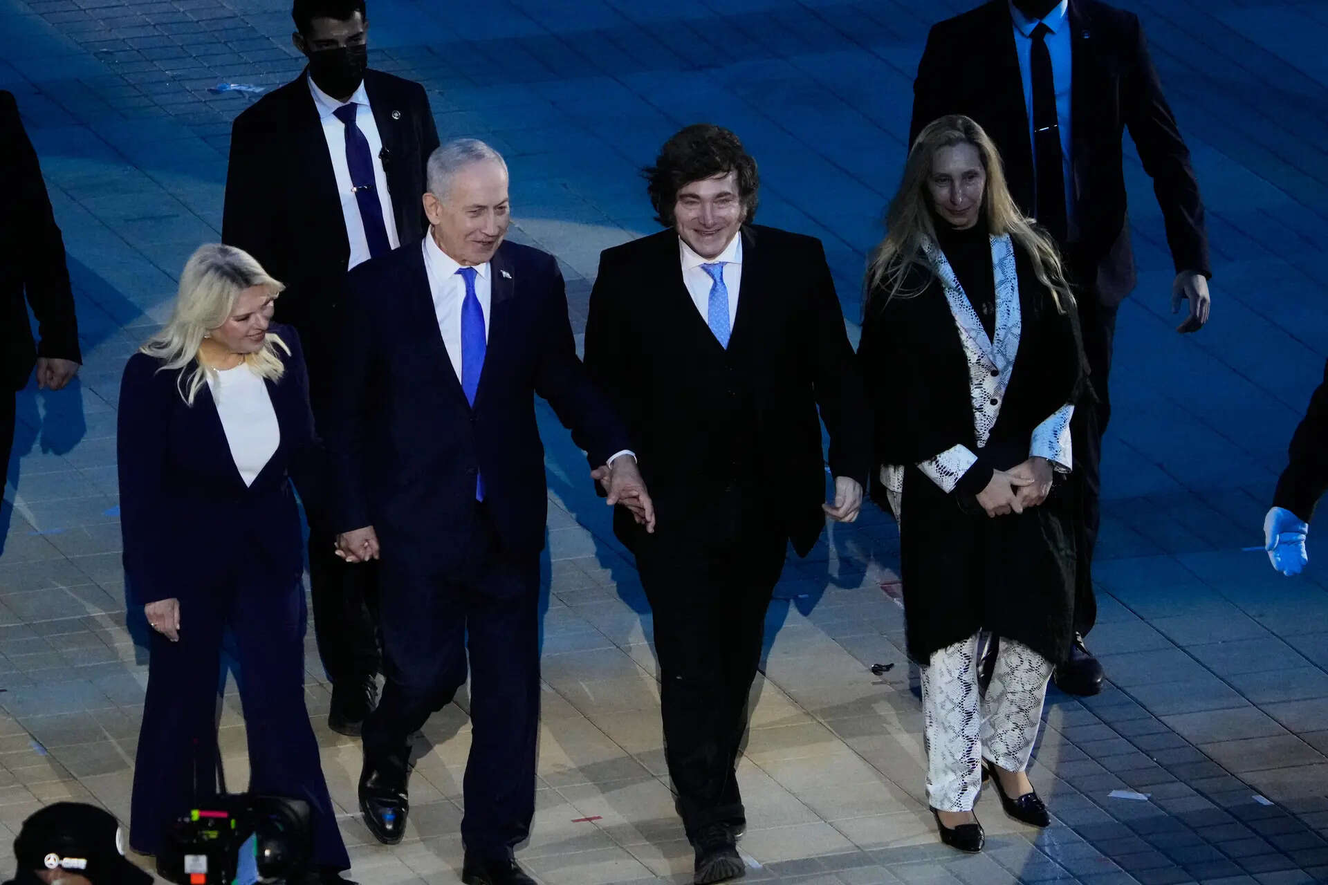 Israeli Prime Minister Benjamin Netanyahu, his wife Sara, Argentina's President Javier Milei and Argentina's General Secretary of the Presidency Karina Milei take part in a recorded rehearsal for the upcoming Israel Independence Day ceremony in Jerusalem Sunday, April 19, 2026. (AP Photo/Ohad Zwigenberg) Israel Argentina