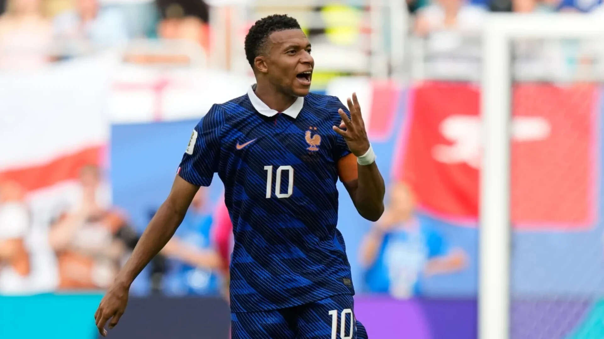 France's Kylian Mbappe (10) reacts after scoring his side's third goal during the World Cup third-place playoff match between France and England. (AP Photo) England France WCup Soccer
