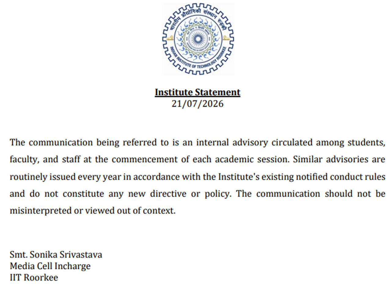 IIT Roorkee clarifies advisory amid social media row, says communication is not a new policy