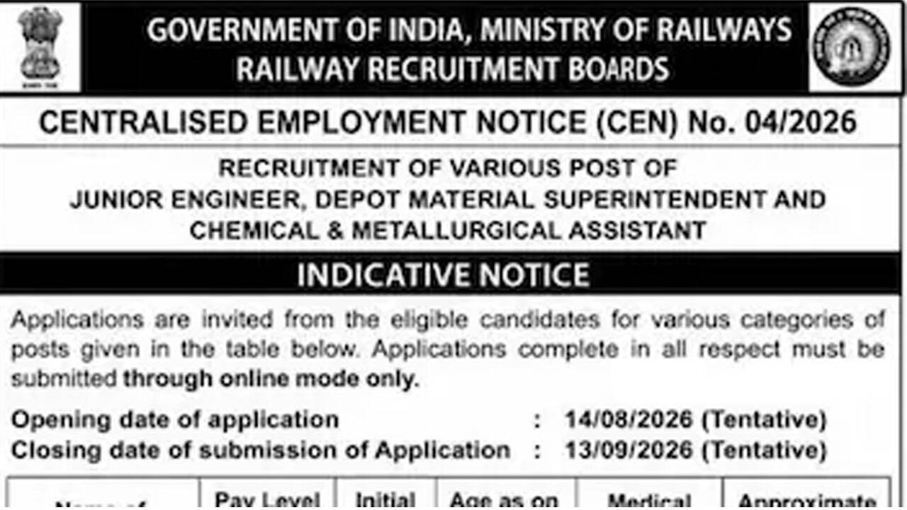 RRB JE 2026 notification out for 4,098 posts; apply from August 14