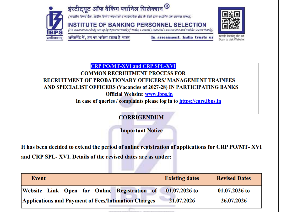 IBPS PO, SO recruitment 2026: Registration deadline extended till July 26, check steps to apply