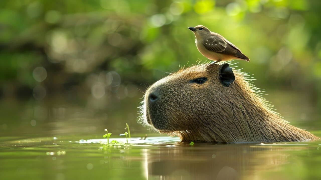 A bird sitting on a Capybara's head