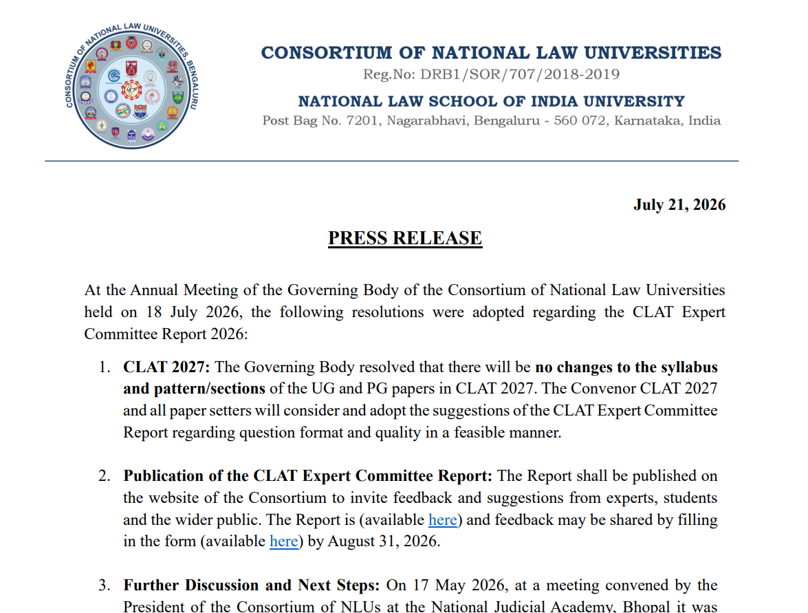 CLAT 2027 syllabus, exam pattern unchanged for UG, PG exams; Consortium issues official update