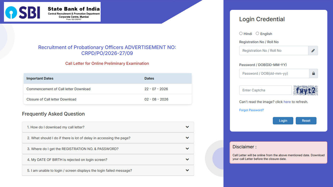 SBI PO Admit card 2026 released at sbi.bank.in; Prelims hall tickets available for 1,500 vacancies: Direct link