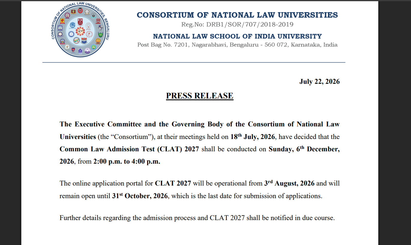 CLAT PG 2027 notification released: Registration begins August 3, exam on December 6