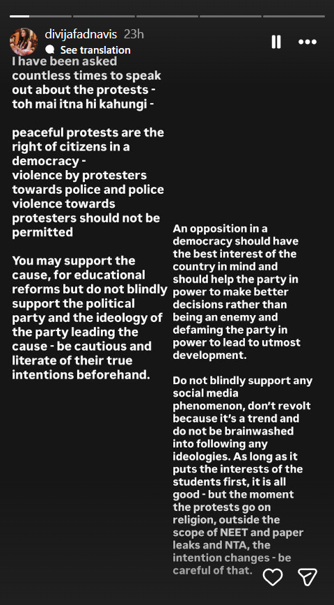Divija Fadnavis instagram story