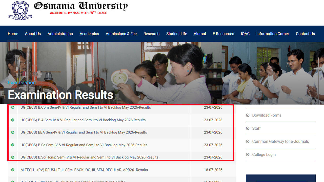 Osmania University declares UG CBCS May 2026 results for regular and backlog examinations; download here