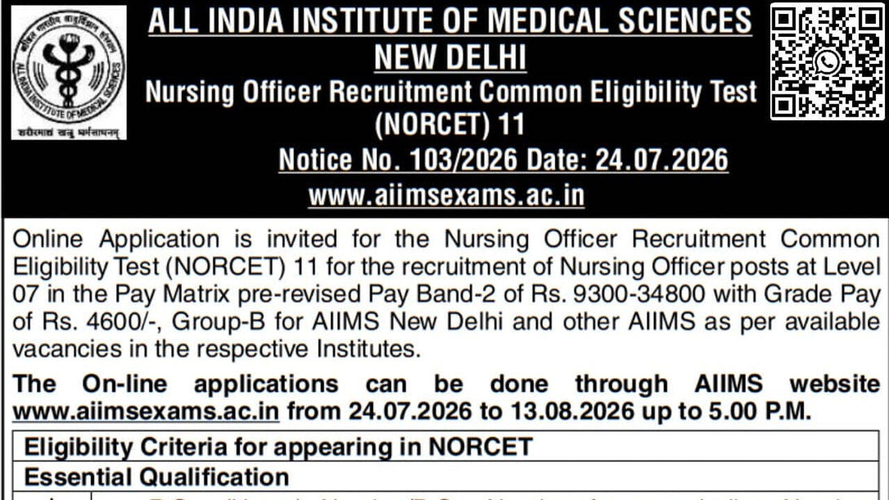 AIIMS releases NORCET 11 notification for Nursing Officer recruitment; applications open until August 13