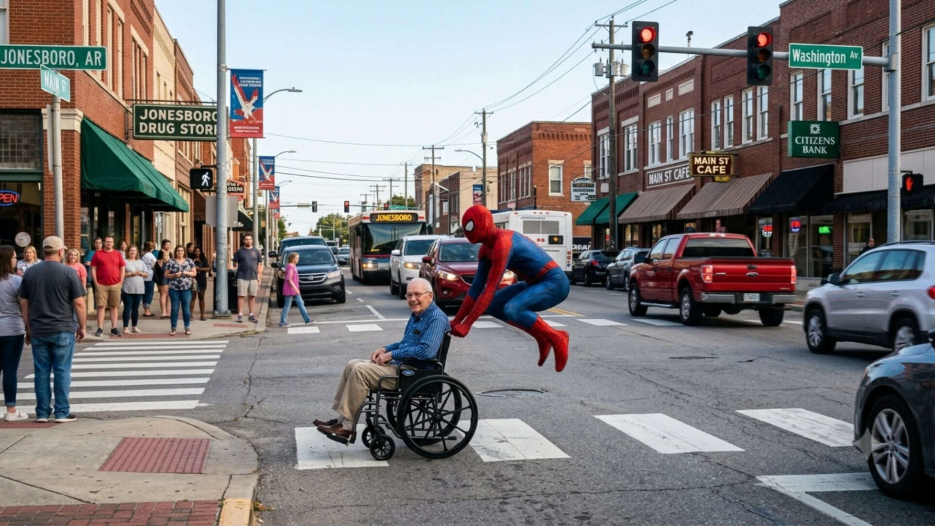 Spider-Man helps a man in wheelchair cross a busy intersection