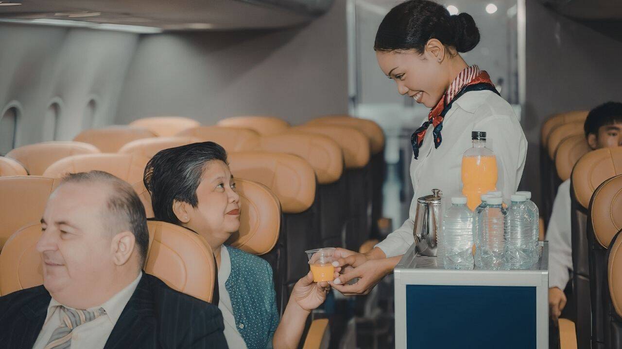 Flight attendant working on an airplane